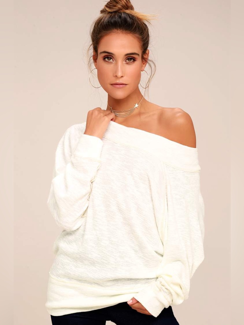 Free People Palisades White Off-the-Shoulder Sweater Top